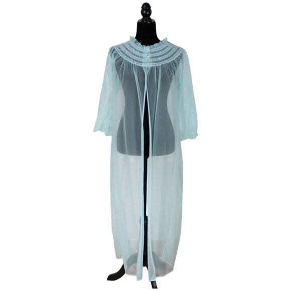 Vintage Sheer Cyan Blue Dressing Gown Queentex Lingerie Robe Smocked Collar N84 - Picture 2 of 10
